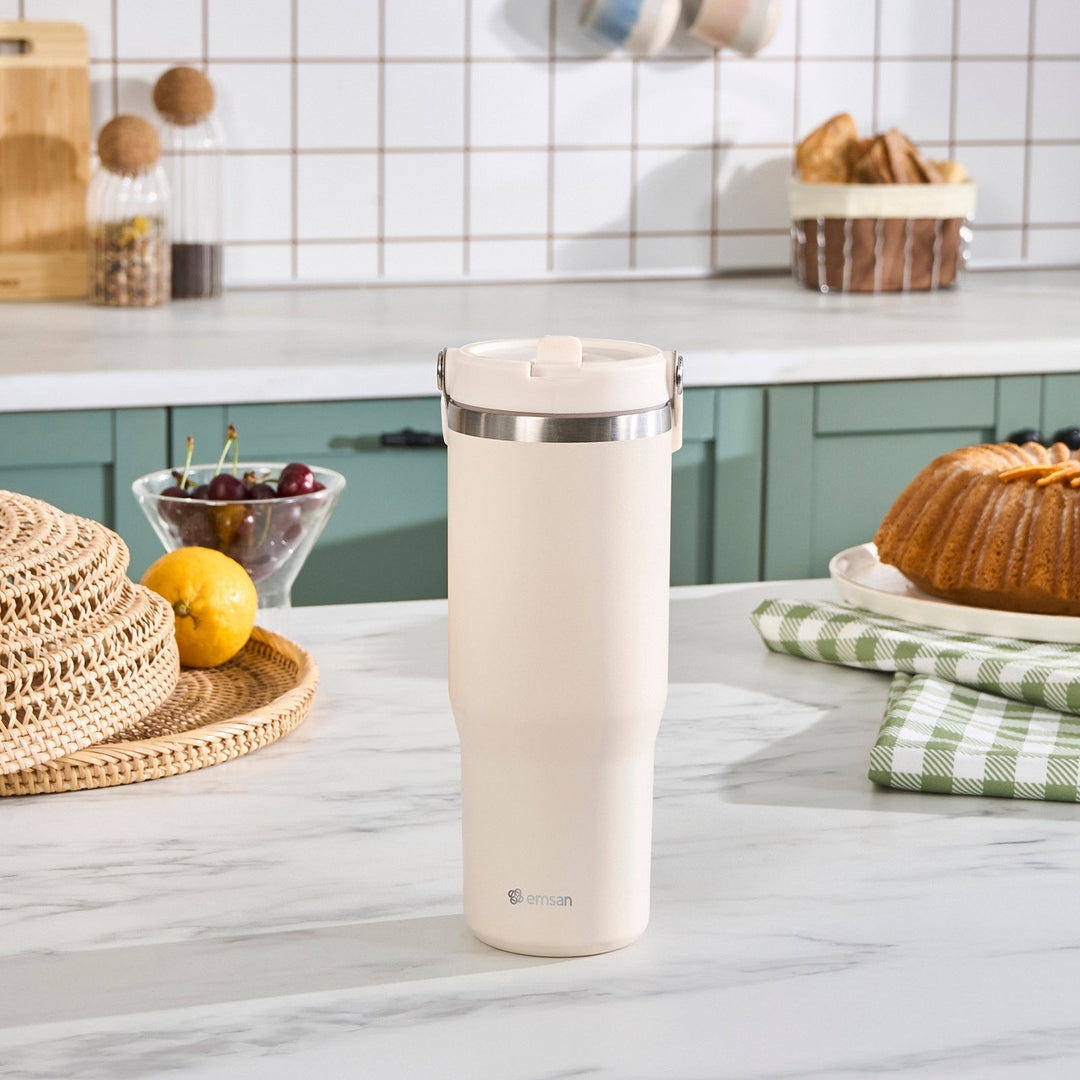 Emsan - Star Ice Termokande med sugerør - 900 ml | cremefarvet - Løven Home