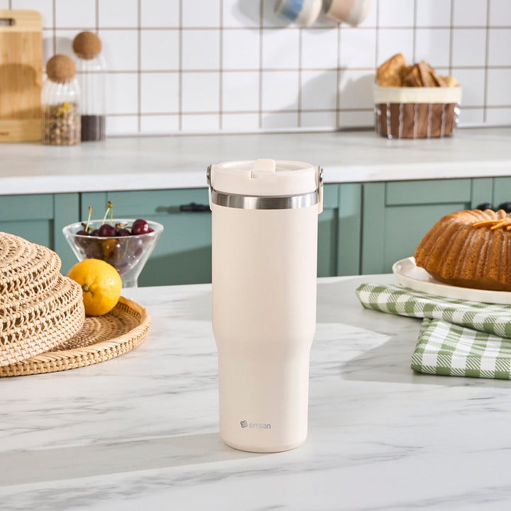 Emsan - Star Ice Termokande med sugerør - 900 ml | cremefarvet - Løven Home