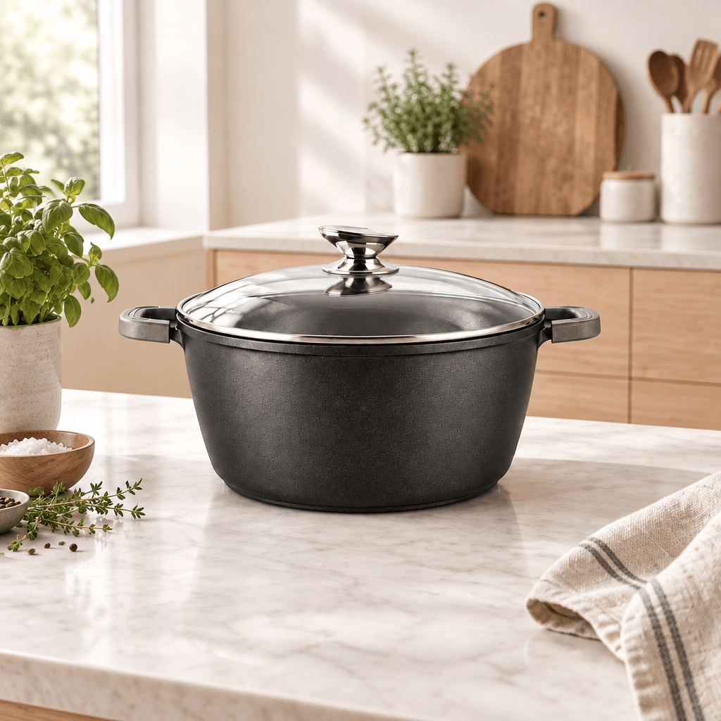 Ferveo Omega - Gryde m/glaslåg - 2,2 Liter | Ø20 cm | Sort marmorbelægning - Løven Home