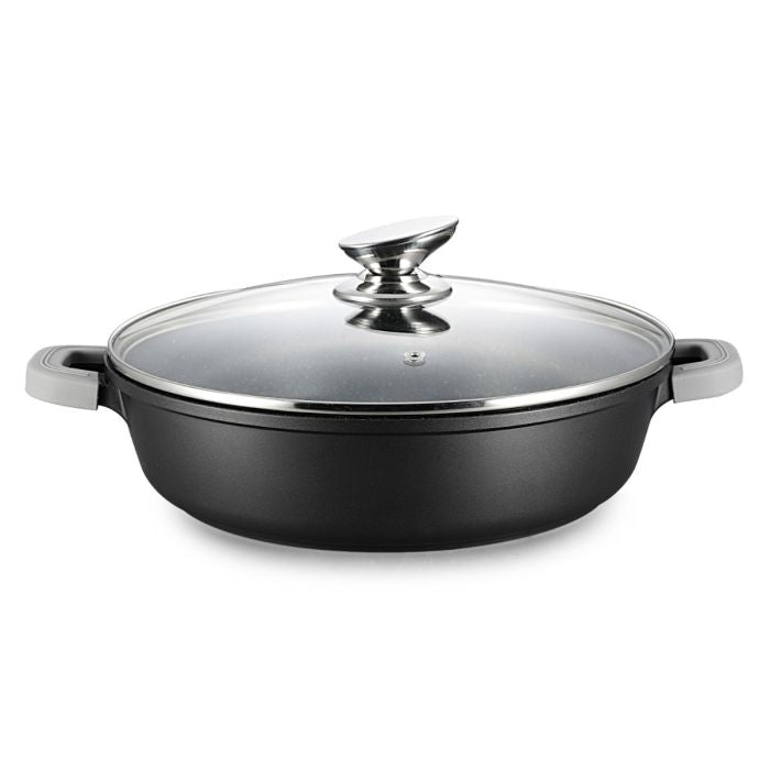 Ferveo Omega - Lav gryde m/glaslåg – 9,8 L | Ø40 cm | Sort marmorbelægning - Løven Home