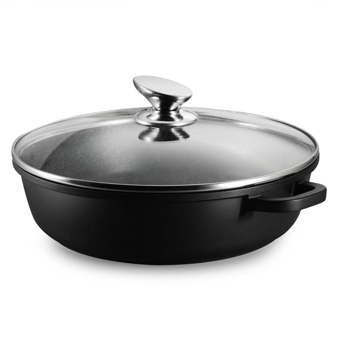 Ferveo Omega - Lav gryde m/glaslåg – 9,8 L | Ø40 cm | Sort marmorbelægning - Løven Home