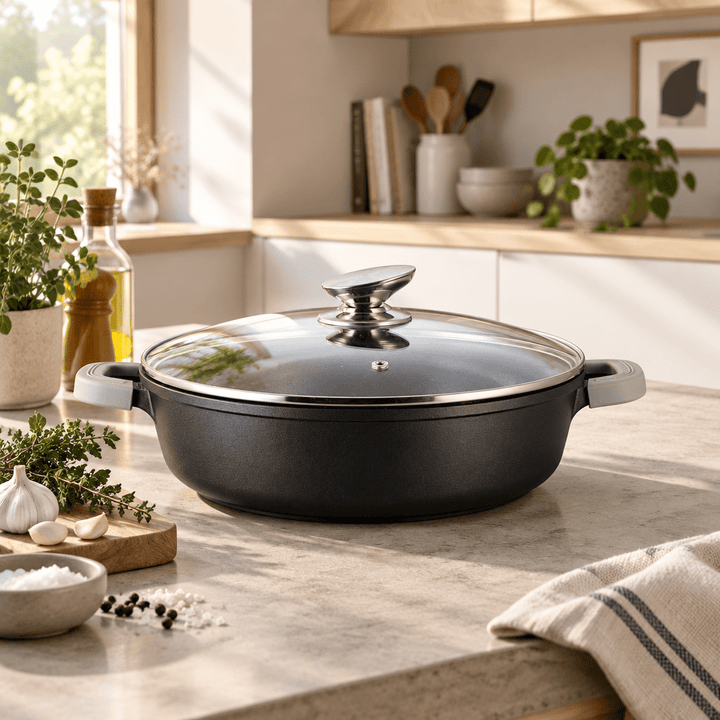 Ferveo Omega - Lav gryde m/glaslåg – 9,8 L | Ø40 cm | Sort marmorbelægning - Løven Home