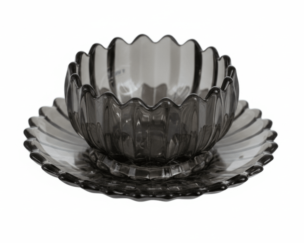 Glassware - Lotus glasskålesæt m/desserttallerkener - 12 dele | 200 ml | Klar antracit - Løven Home