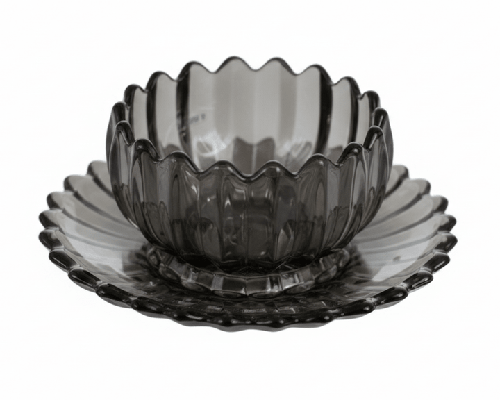 Glassware - Lotus glasskålesæt m/desserttallerkener - 12 dele | 200 ml | Klar antracit - Løven Home