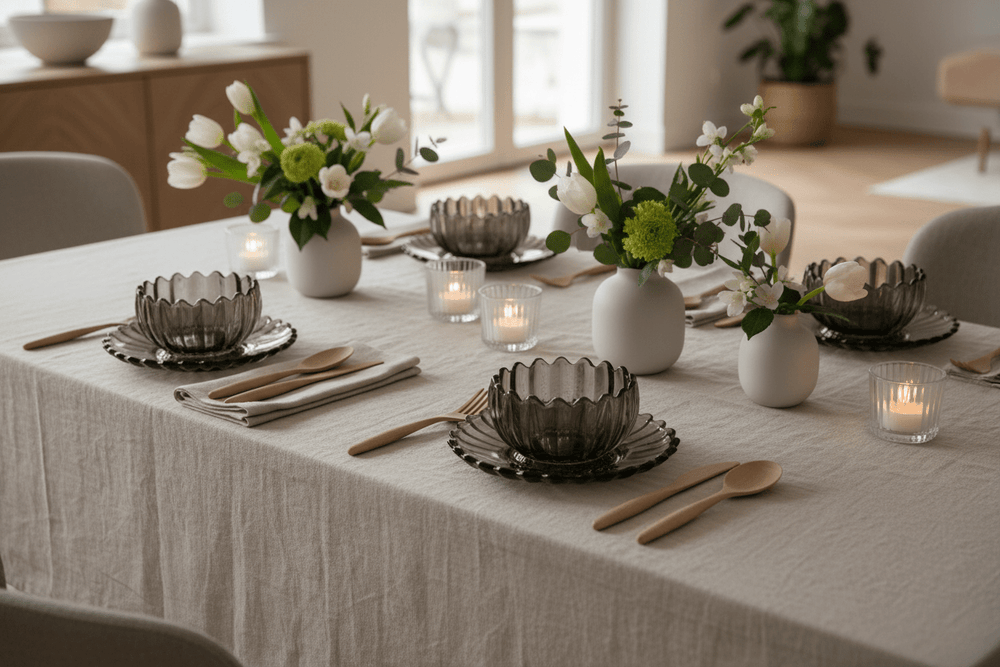 Glassware - Lotus glasskålesæt m/desserttallerkener - 12 dele | 200 ml | Klar antracit - Løven Home