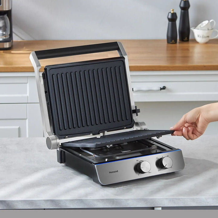 Homend Grilliant 1344H - Rustfrit Stål Grill & Brødrister med Støbejernsplader | 2000W - Løven Home