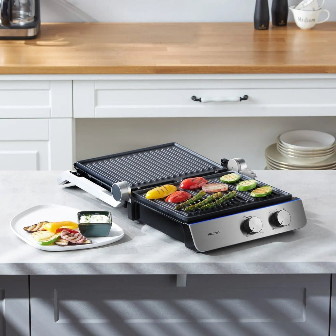 Homend Grilliant 1344H - Rustfrit Stål Grill & Brødrister med Støbejernsplader | 2000W - Løven Home