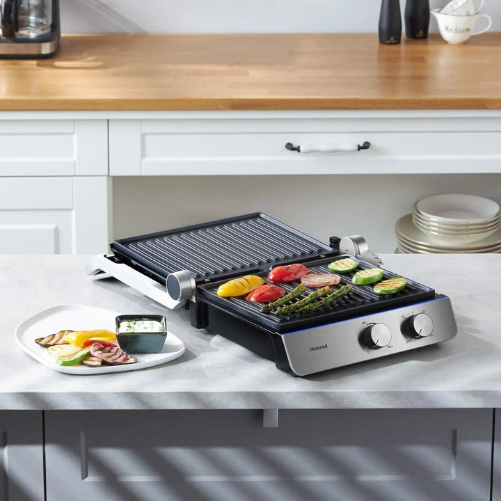 Homend Grilliant 1344H - Rustfrit Stål Grill & Brødrister med Støbejernsplader | 2000W - Løven Home