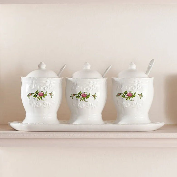 Karaca Antik porcelæn krydderisæt m/skeer og bakke – 12 dele - Hvid - 375 ml - Løven Home