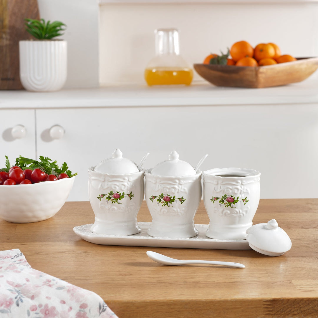 Karaca Antik porcelæn krydderisæt m/skeer og bakke – 12 dele - Hvid - 375 ml - Løven Home