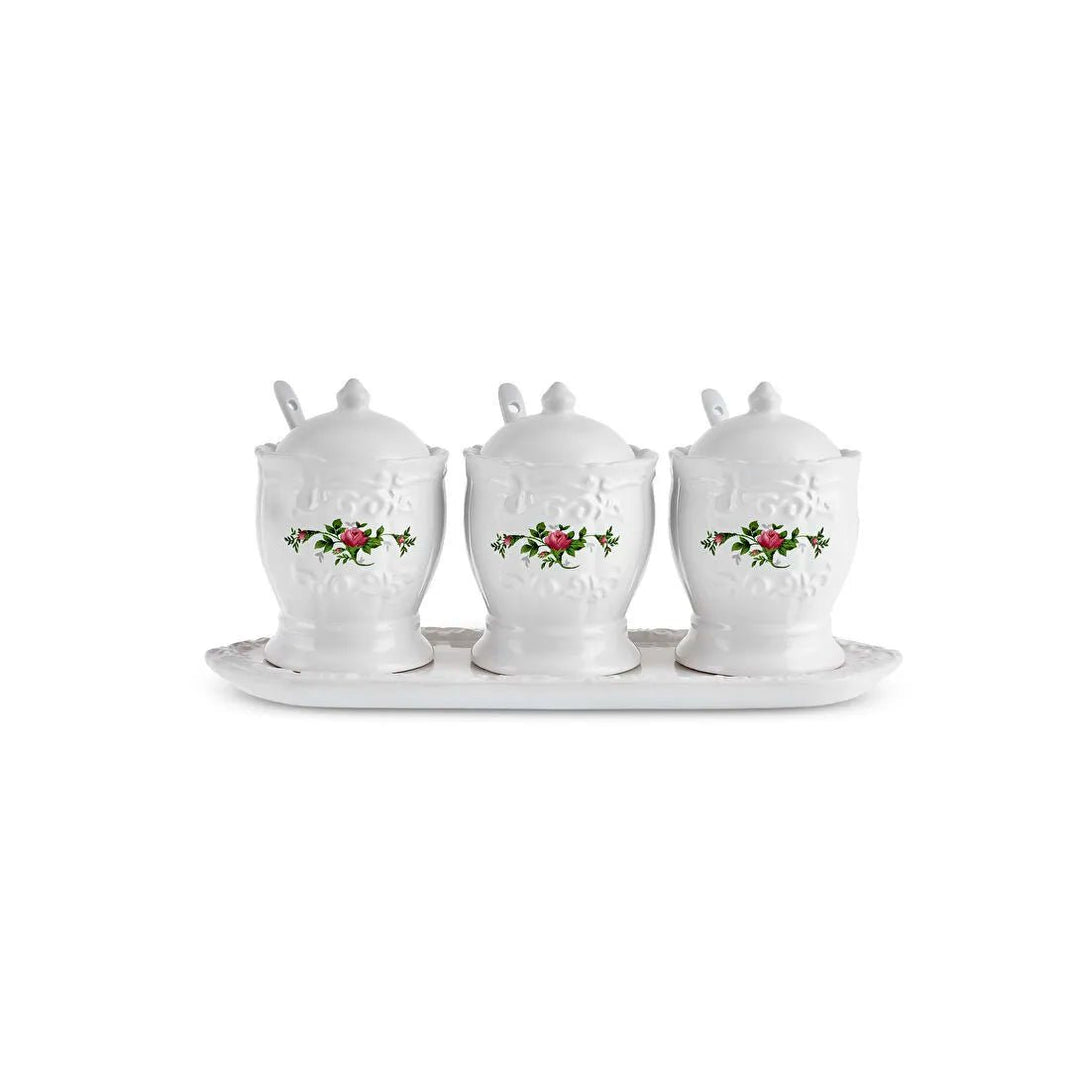 Karaca Antik porcelæn krydderisæt m/skeer og bakke – 12 dele - Hvid - 375 ml - Løven Home