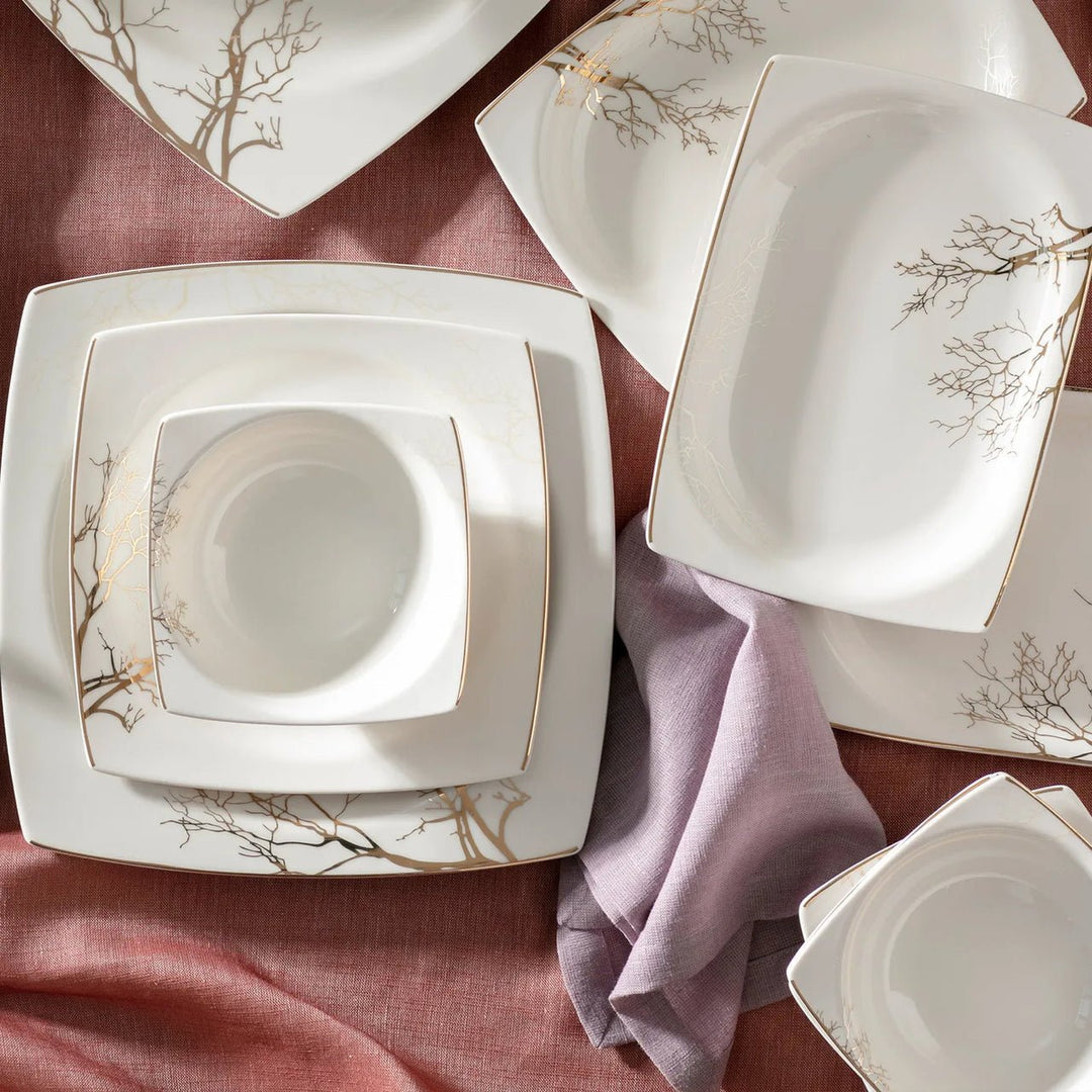 Karaca - Autumn Fine Cream tallerkensæt - Porcelæn | Råhvid/guldmønstret | 60 dele | 12 pers. - Løven Home