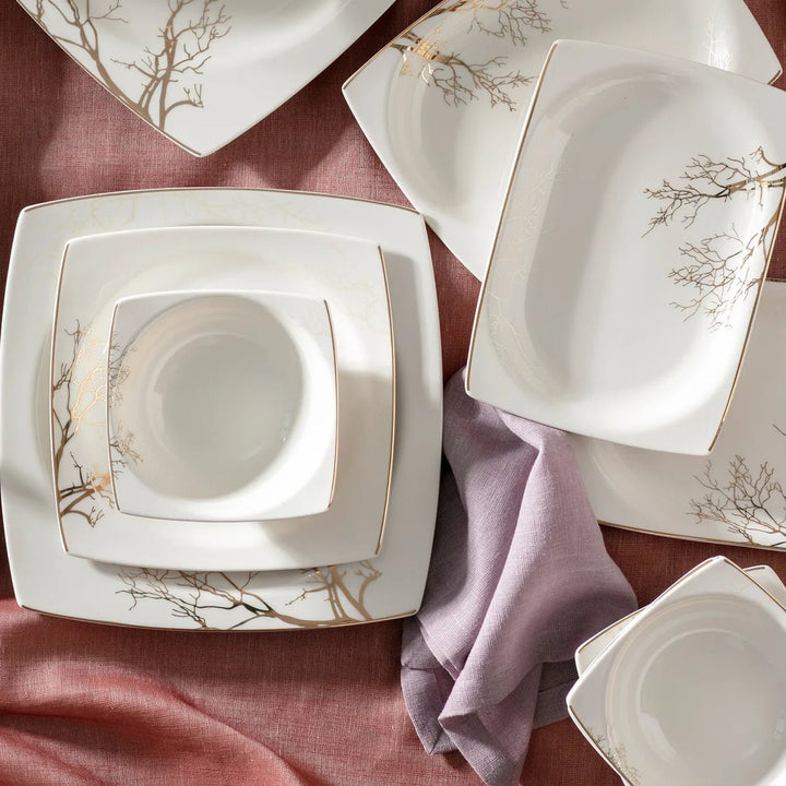 Karaca - Autumn Fine Cream tallerkensæt - Porcelæn | Råhvid/guldmønstret | 60 dele | 12 pers. - Løven Home