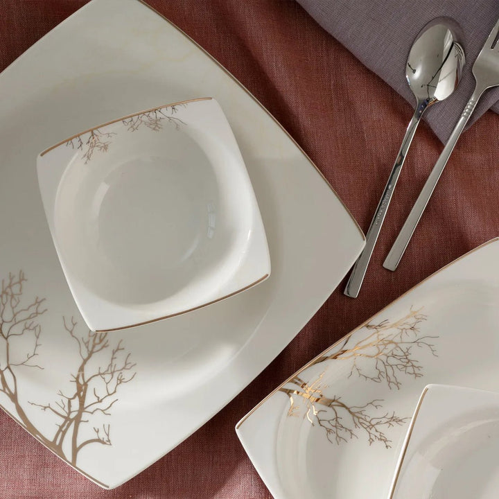 Karaca - Autumn Fine Cream tallerkensæt - Porcelæn | Råhvid/guldmønstret | 60 dele | 12 pers. - Løven Home