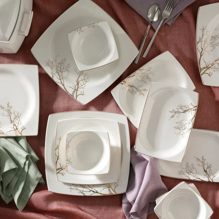 Karaca - Autumn Fine Cream tallerkensæt - Porcelæn | Råhvid/guldmønstret | 60 dele | 12 pers. - Løven Home