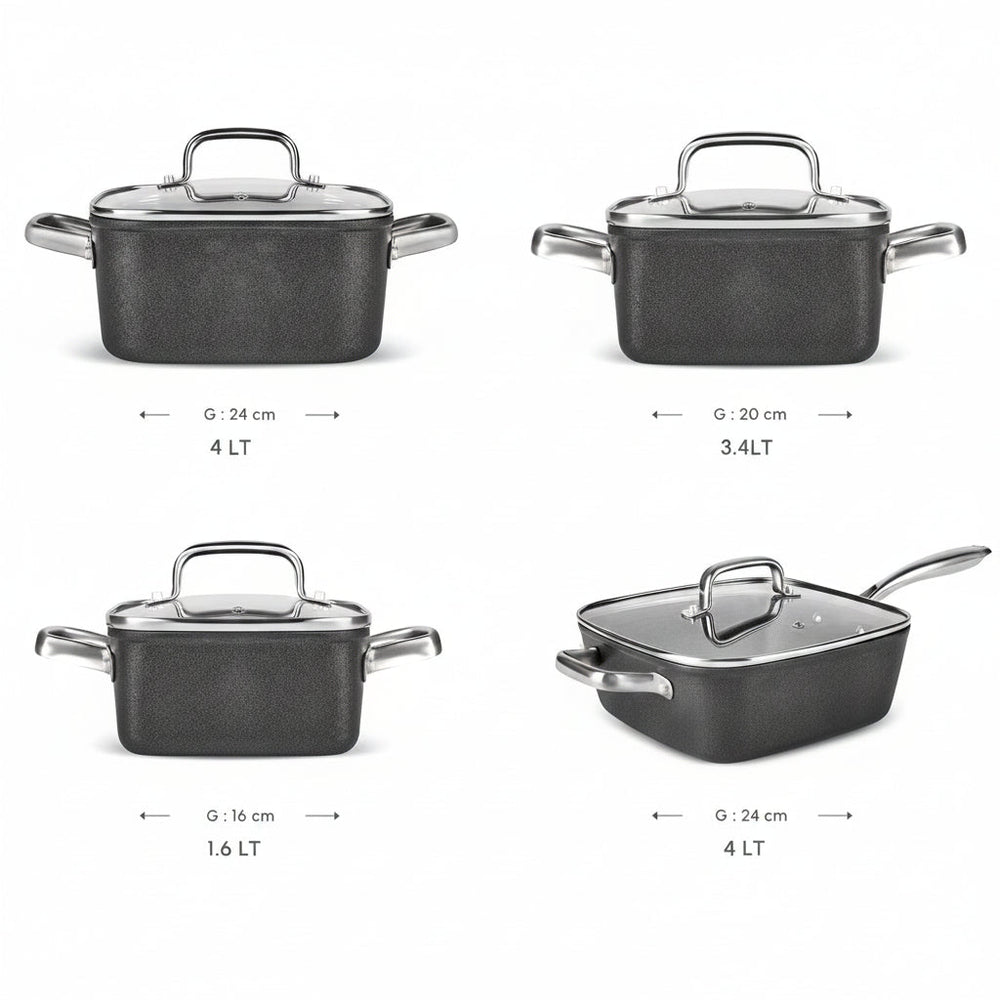 Karaca - BioDiamond Master Quattro Induktion Grydesæt – Non stick | Kvadratisk | Sort | 8 dele - Løven Home