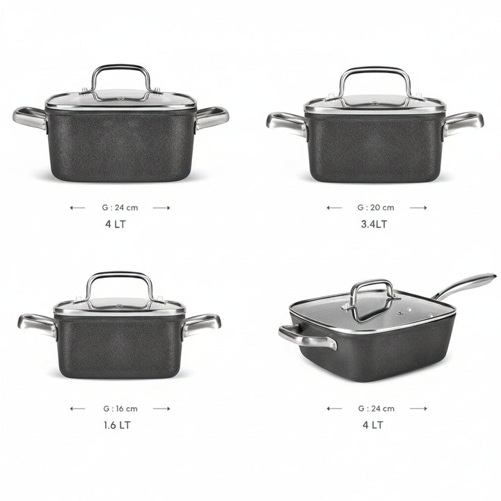 Karaca - BioDiamond Master Quattro Induktion Grydesæt – Non stick | Kvadratisk | Sort | 8 dele - Løven Home
