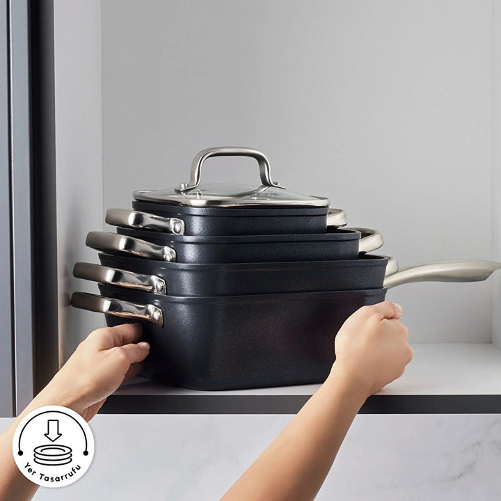Karaca - BioDiamond Master Quattro Induktion Grydesæt – Non stick | Kvadratisk | Sort | 8 dele - Løven Home