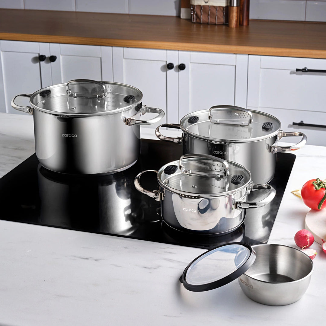 Karaca Burgaz – 8 dele Stålgrydesæt med Foldbare Håndtag - Løven Home