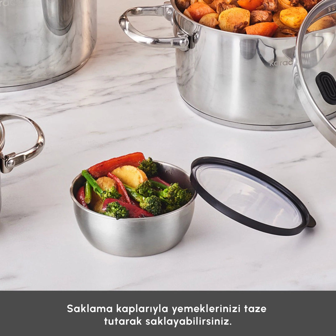 Karaca Burgaz – 8 dele Stålgrydesæt med Foldbare Håndtag - Løven Home