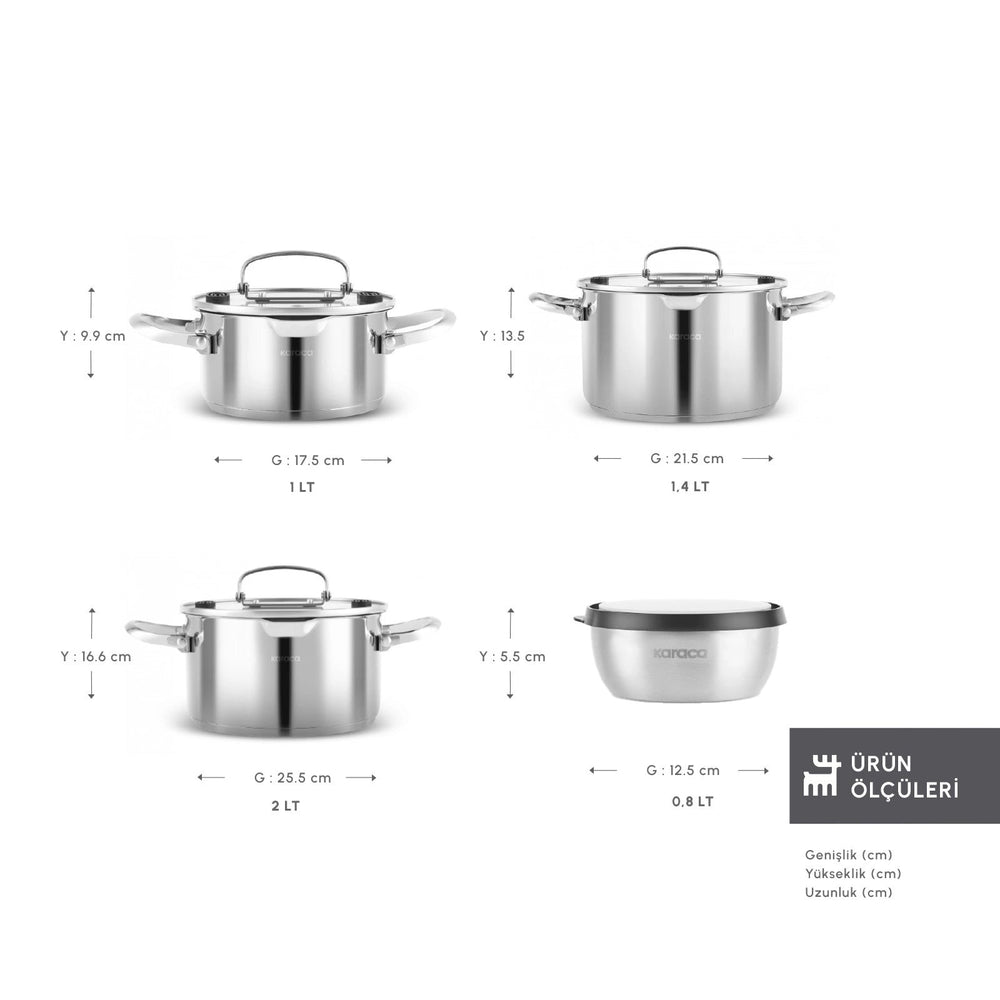 Karaca Burgaz – 8 dele Stålgrydesæt med Foldbare Håndtag - Løven Home