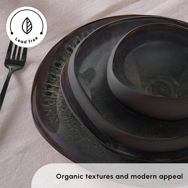 Karaca Earth Collection New Galactic Reactive Glaze – 55 dele Middagsservice til 12 personer, Sort - Løven Home
