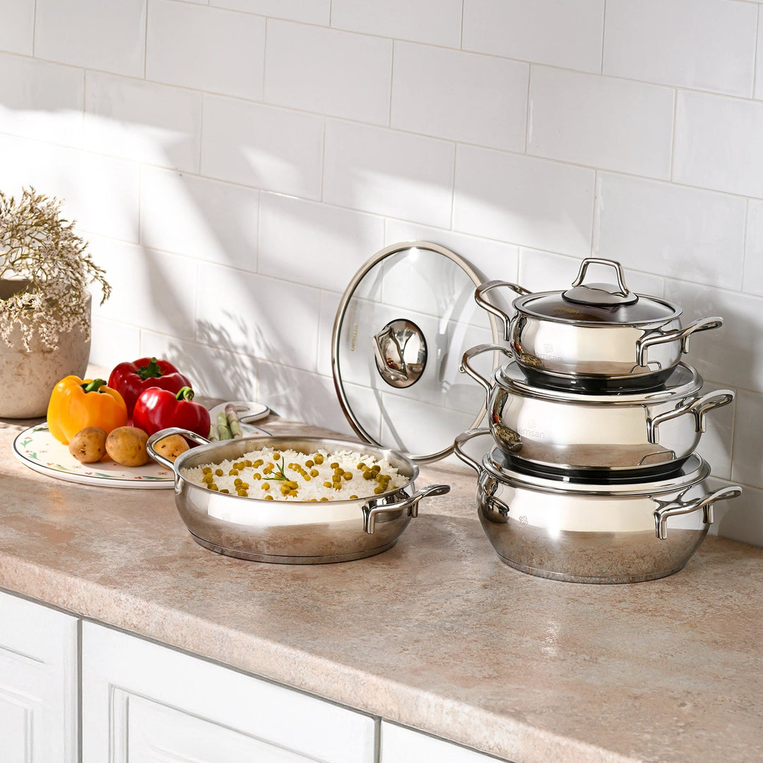 Karaca Emsan Cemre – 8 dele Induktionskompatibelt Grydesæt i Rustfrit Stål - Løven Home