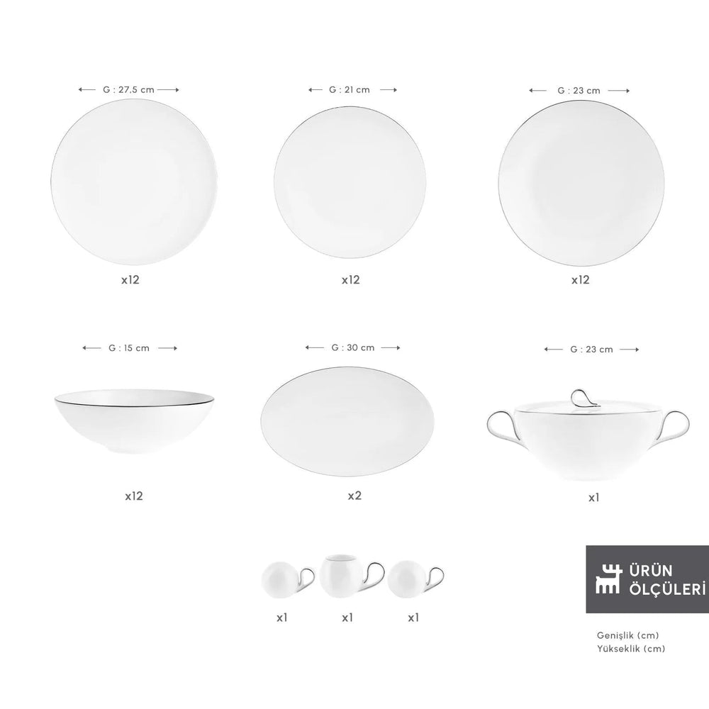 Karaca Fine Pearl Extra Chanak Middagssæt | 55 dele | 12 personer | Sølv - Løven Home