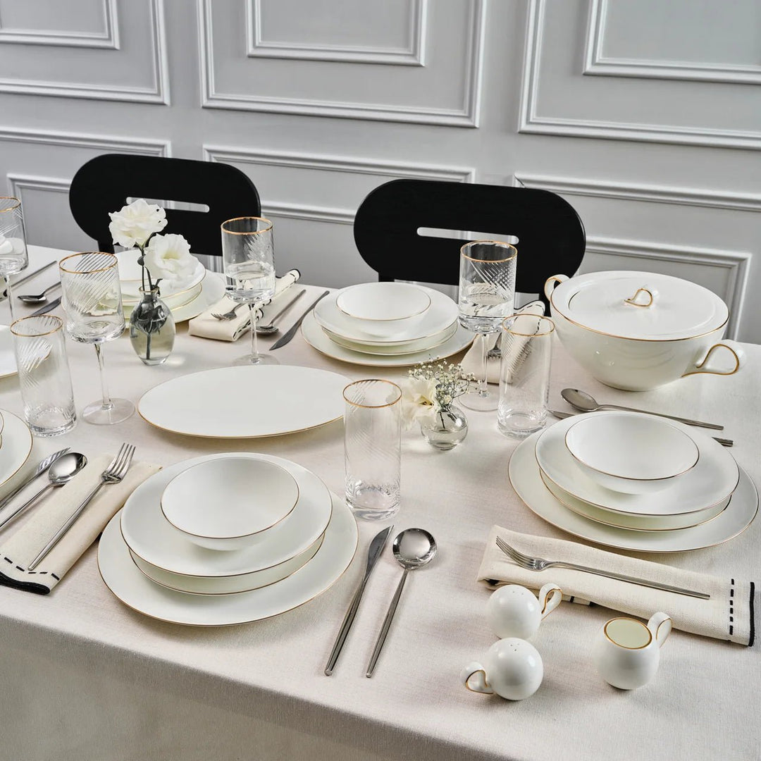 Karaca Fine Pearl - Extra Chanak Tallerkensæt - 55 dele | 12 personer | Hvid/Guld - Løven Home
