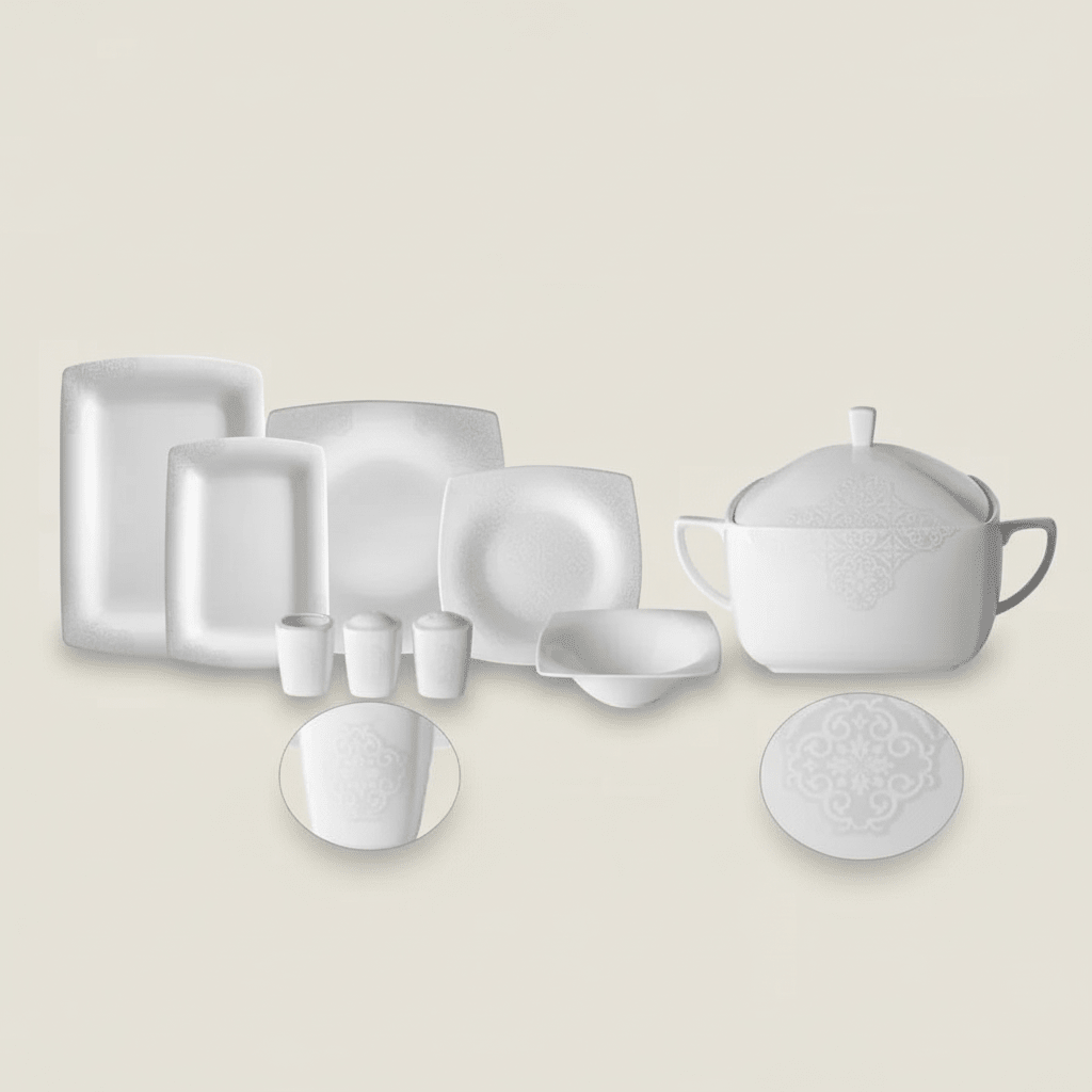 Karaca Fine Pearl Valentina – 62 - dele Firkantet Spisestel med Perlemor til 12 Personer - Løven Home