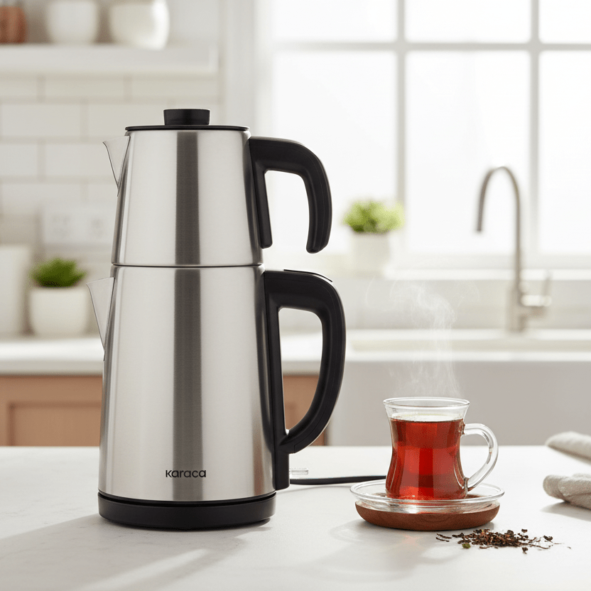 Karaca Gastro Dem 2 - i - 1 Temaskine & Elkedel – Rustfrit Stål (Krom) - Løven Home