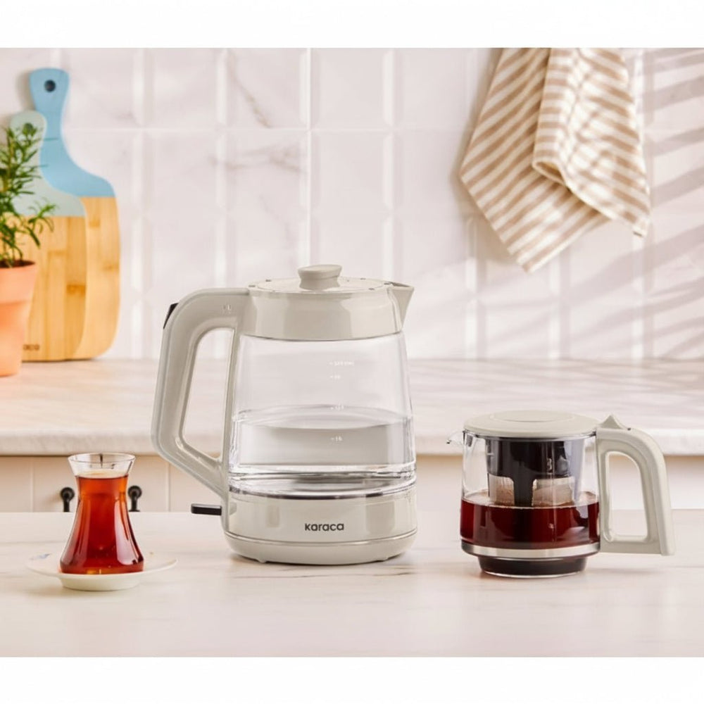 Karaca Glas Tea XL 2 - i - 1 temaskine Starlight 3,1 Liter – elegant glasdesign med XL kapacitet - Hvid - Løven Home