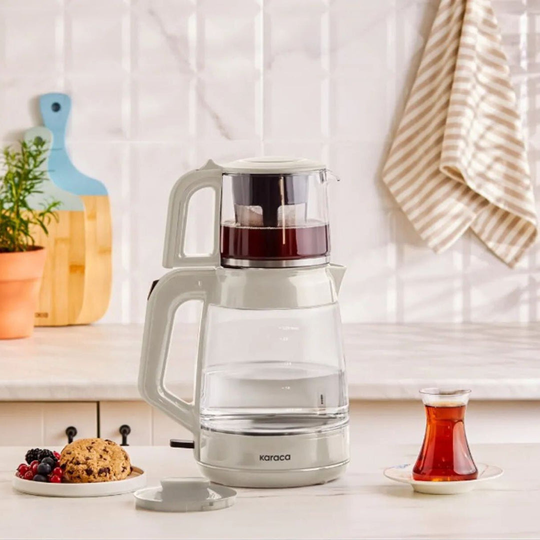 Karaca Glas Tea XL 2 - i - 1 temaskine Starlight 3,1 Liter – elegant glasdesign med XL kapacitet - Hvid - Løven Home