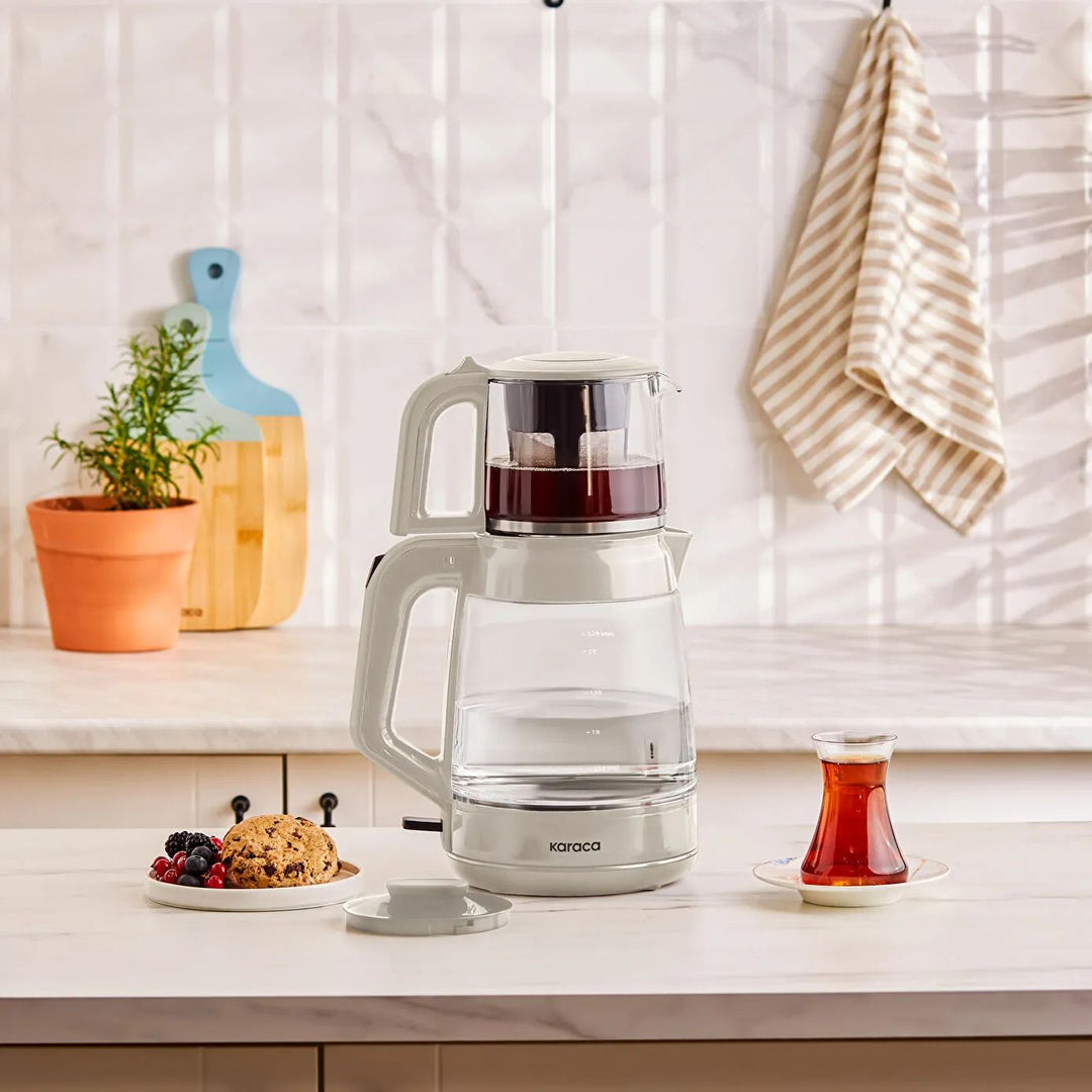 Karaca Glas Tea XL 2 - i - 1 temaskine Starlight 3,1 Liter – elegant glasdesign med XL kapacitet - Hvid - Løven Home