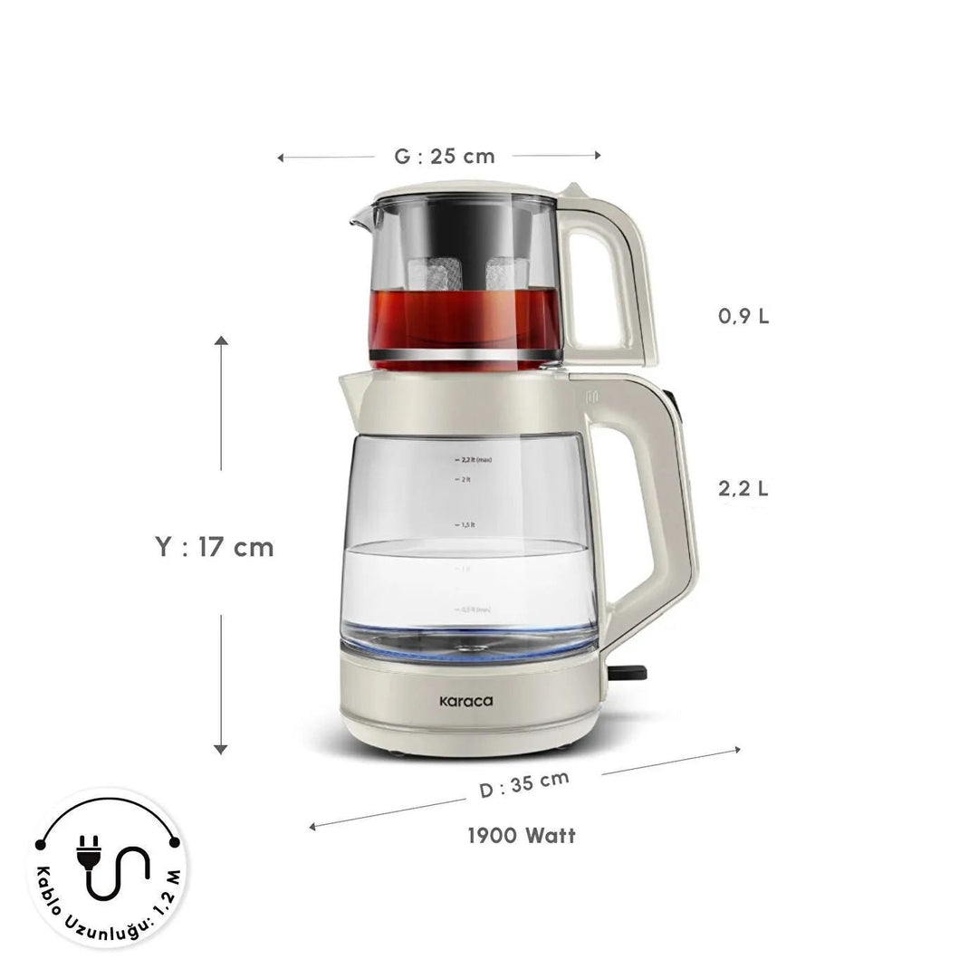 Karaca Glas Tea XL 2 - i - 1 temaskine Starlight 3,1 Liter – elegant glasdesign med XL kapacitet - Hvid - Løven Home