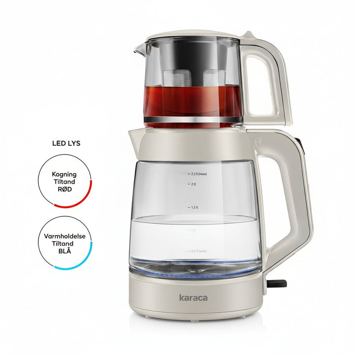 Karaca Glas Tea XL 2 - i - 1 temaskine Starlight 3,1 Liter – elegant glasdesign med XL kapacitet - Hvid - Løven Home