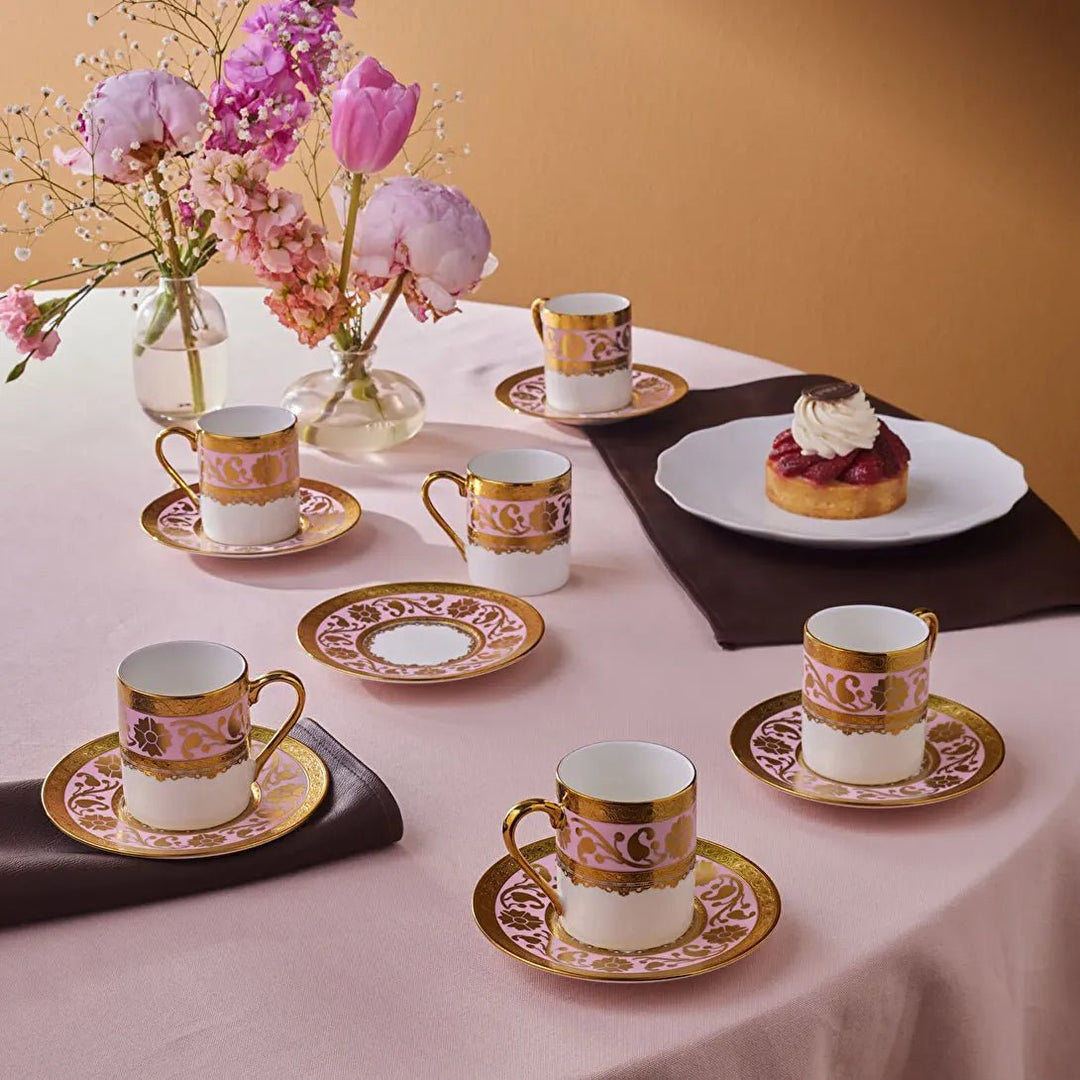 Karaca Gülfem Espressosæt til 6 Pers. – 90 ml - Rosa/Hvid/Guld - Løven Home