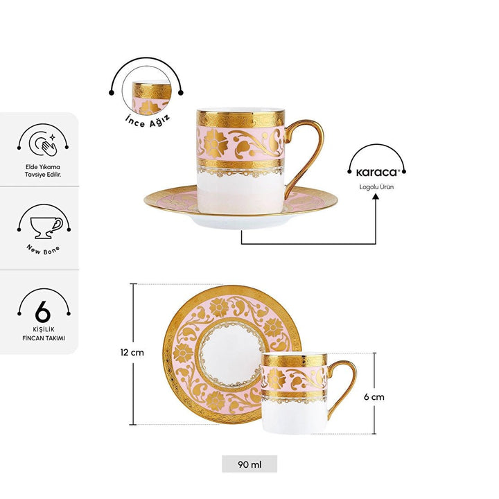 Karaca Gülfem Espressosæt til 6 Pers. – 90 ml - Rosa/Hvid/Guld - Løven Home