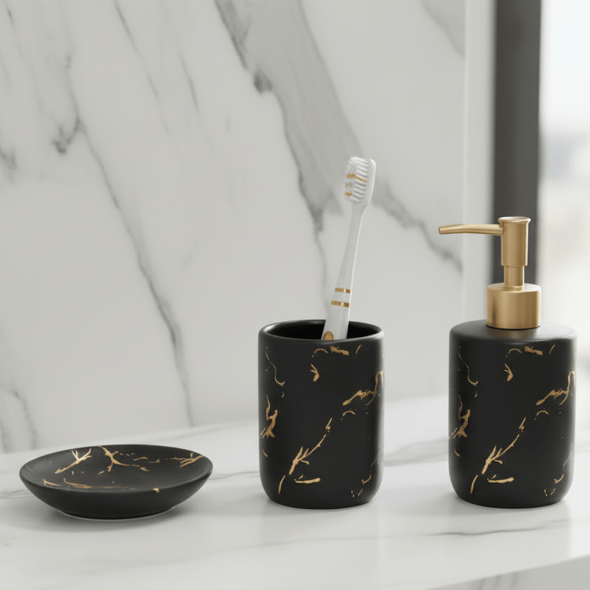 Karaca Home Marco Badeværelsessæt – 3 Dele - Sort/Guld Keramik - Løven Home