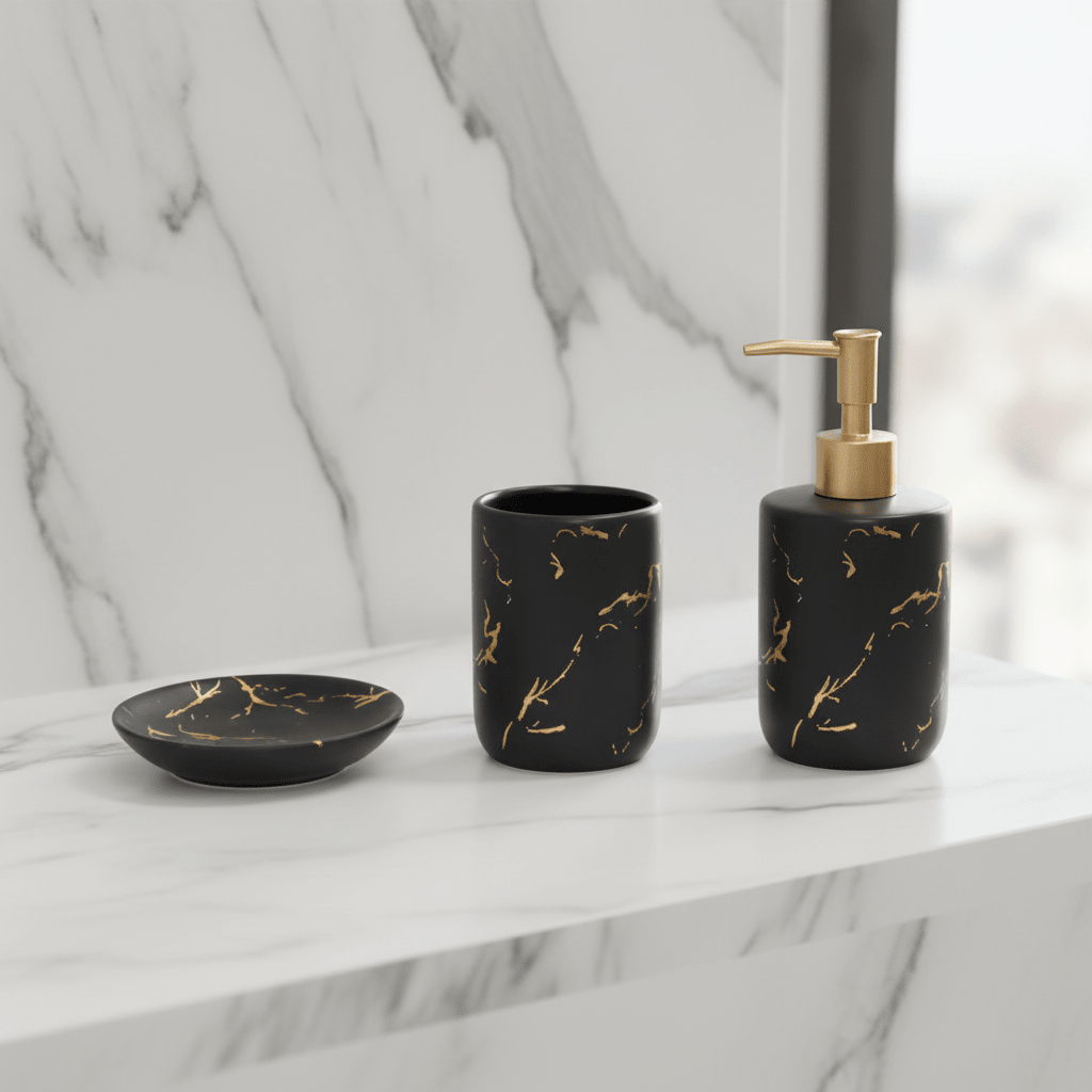 Karaca Home Marco Badeværelsessæt – 3 Dele - Sort/Guld Keramik - Løven Home