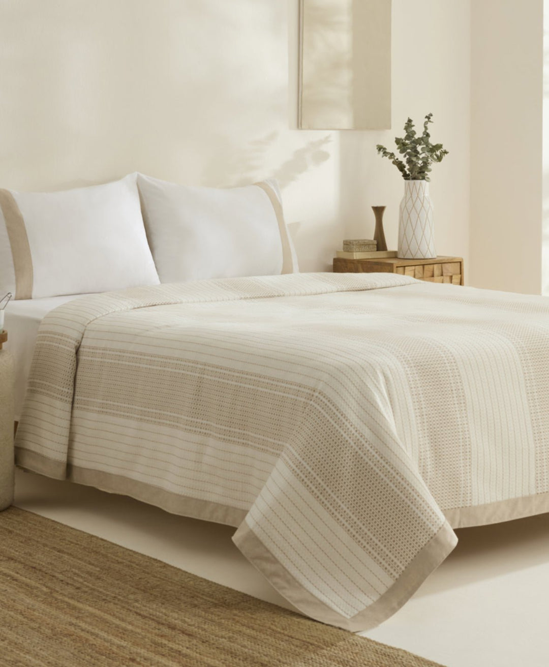Karaca Home White Coll Rise 100 % Bomuld & Hør – Dobbeltseng Sæt – Beige - Løven Home