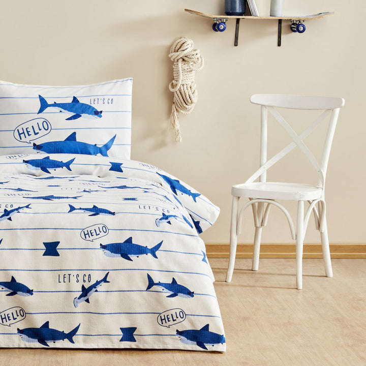 Karaca Home - Young Shark - Sengetæppesæt – 1 person – Blå - Løven Home
