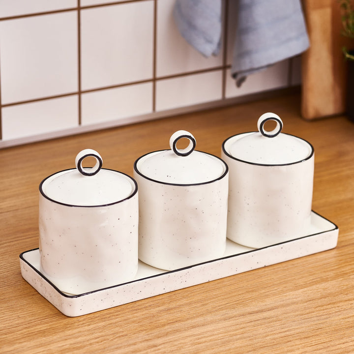 Karaca Lina Line Krydderisæt m/Holder – 7 dele - Porcelæn - Hvid/Sort - 375 ml - Løven Home
