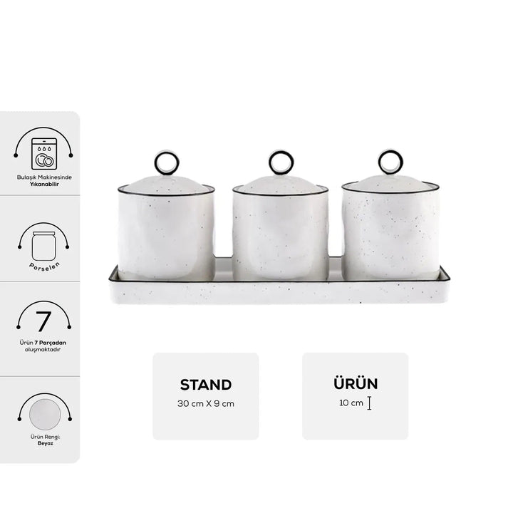 Karaca Lina Line Krydderisæt m/Holder – 7 dele - Porcelæn - Hvid/Sort - 375 ml - Løven Home