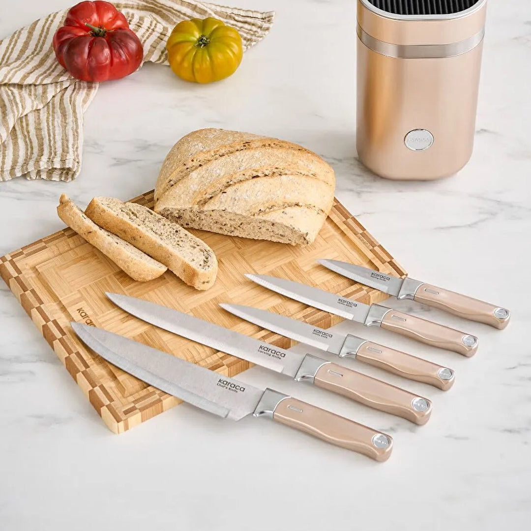 Karaca Mastermaid Mineral Gold Knivsæt – 6 Dele med Moderne Knivblok - Løven Home