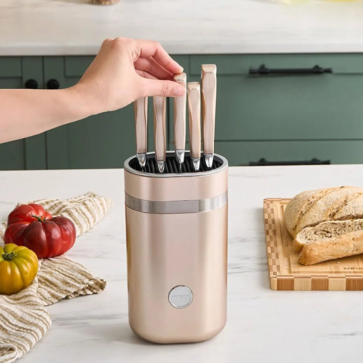 Karaca Mastermaid Mineral Gold Knivsæt – 6 Dele med Moderne Knivblok - Løven Home