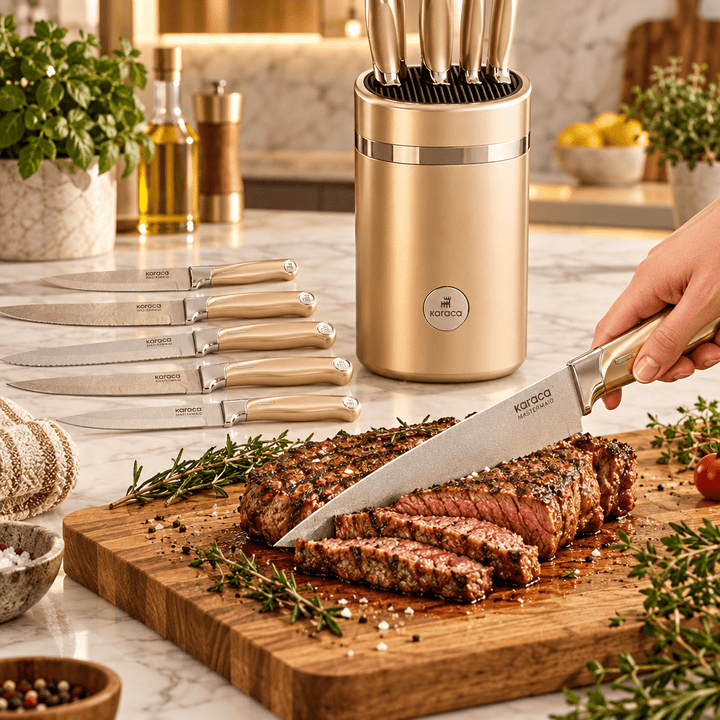 Karaca Mastermaid Mineral Gold - Knivsæt – 6 Dele med Moderne Knivblok - Løven Home