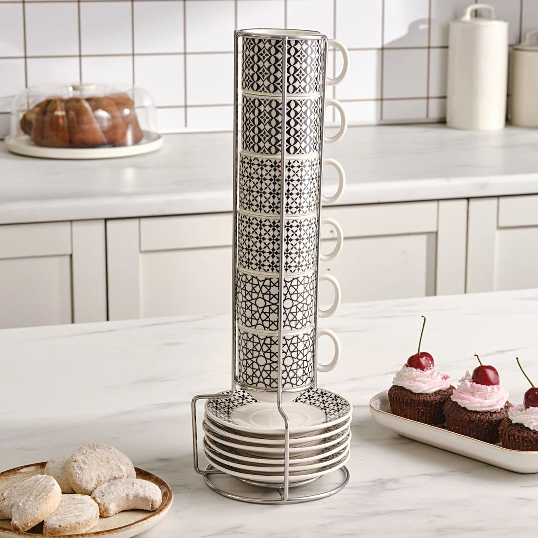 KARACA MIA ESPRESSO KAFFESÆT M/STATIV 13 DELE, 90 ML, HVID/SORT - Løven Home