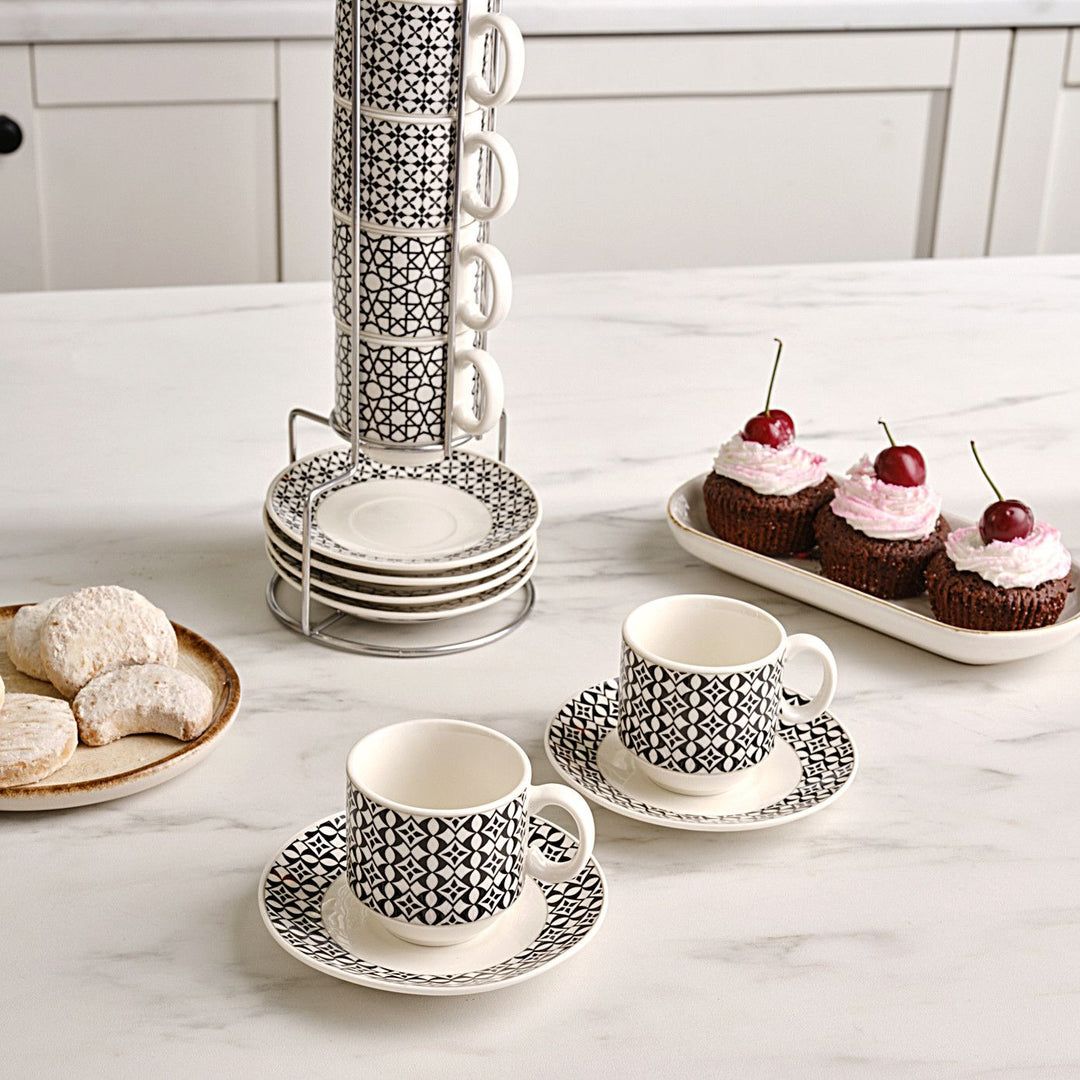 KARACA MIA ESPRESSO KAFFESÆT M/STATIV 13 DELE, 90 ML, HVID/SORT - Løven Home