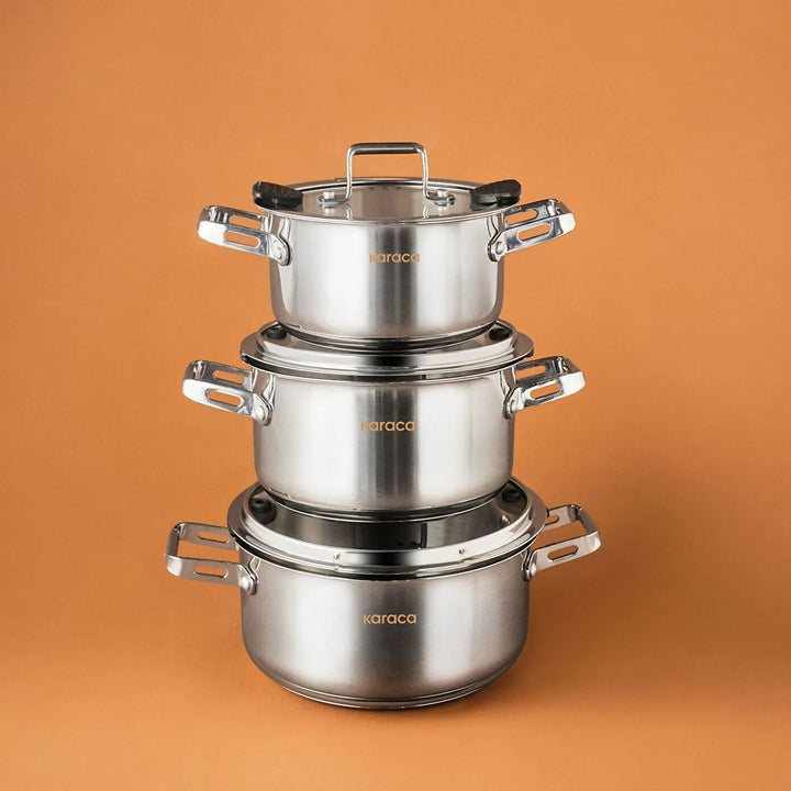 Karaca Montreal Induktionsbase Midi Grydesæt - Rustfrit Stål - 6 Dele - Løven Home